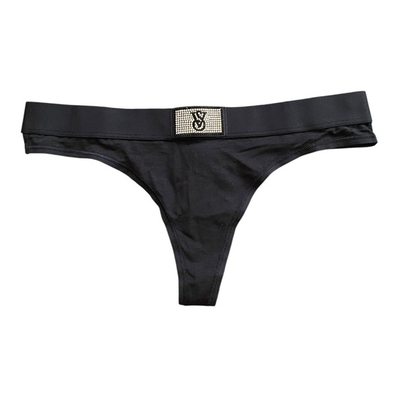 Victoria’s Secret Black Logo Shine Rhinestone Cotton Thong Panty NEW Size Small - Picture 3 of 9